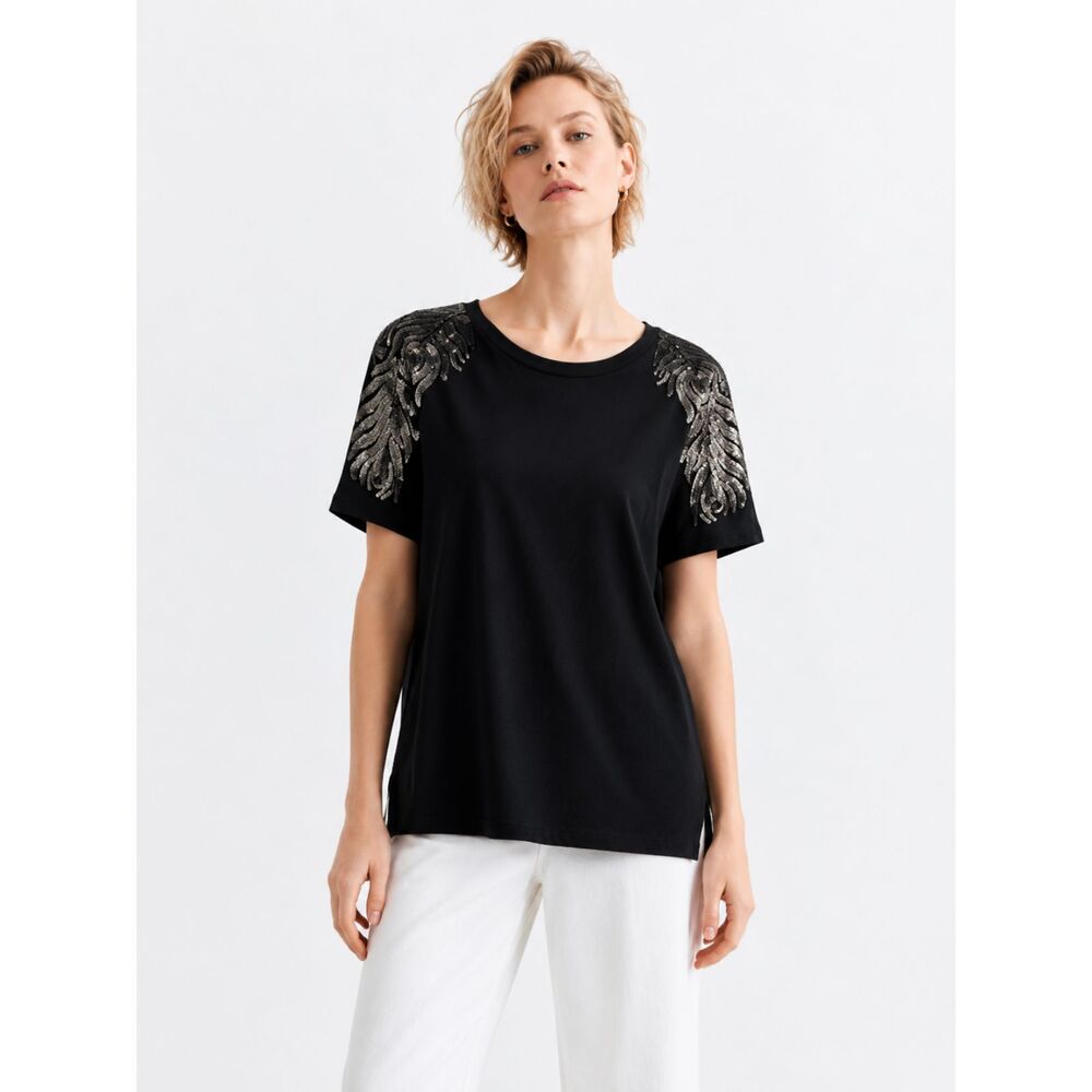 Roaman’s Black Silver Sequin Shoulder Top Glam Party Grunge Whimsygoth TShirt M